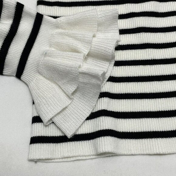 WHBM Sweater White House Black Market Women Size MP Stripe Ruffle Silver Button - Picture 4 of 12
